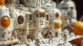 A detailed model showcases a futuristic lunar base with astronauts wearing spacesuits.
