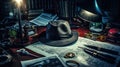 AI Generated Detective\'s Toolkit Still Life with Magnifying Glass and Clue