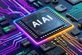 Digital AI Microchip with Neon Lights, Futuristic Tech, Cybernetic Innovation, Advanced Processor