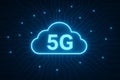 AI generated digital art of glowing 5G icon in blue tech cloud with data circuits and light nodes expressing seamless futuristic Royalty Free Stock Photo