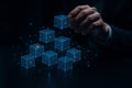 AI generated digital art of a human hand placing glowing cubes symbolizing blockchain structure data connection decentralized Royalty Free Stock Photo