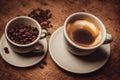 Ai generated digital art of hyper-realistic cups filled with coffee and beans on a wooden table