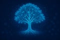 AI generated digital artwork of a luminous tree composed of geometric light lines and data particles on a deep blue background Royalty Free Stock Photo