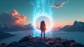 Hiker with Backpack Facing a Glowing Pixel Portal on a Mountain Peak â AI Generated Royalty Free Stock Photo