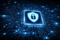 AI generated digital cyber security shield with padlock on circuit board representing data protection network defense information Royalty Free Stock Photo