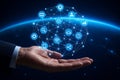 AI generated digital ecosystem with a glowing global network sphere held by a human hand symbolizing data connectivity smart Royalty Free Stock Photo