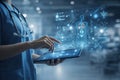 AI generated digital healthcare concept medical professional using tablet with holographic medical interface human anatomy data Royalty Free Stock Photo