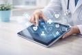 AI generated digital healthcare interface with medical professional using tablet displaying connected health data services Royalty Free Stock Photo