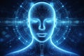 AI generated digital human face with glowing circuitry and neural patterns representing artificial intelligence consciousness data Royalty Free Stock Photo
