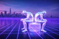 AI generated digital human figures sitting back to back on virtual grid cityscape representing digital identity metaverse Royalty Free Stock Photo