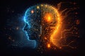 AI generated digital human head split into blue logic and orange creativity glowing neural circuitry symbolizing artificial Royalty Free Stock Photo
