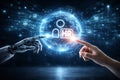 AI generated digital human resources collaboration with robotic and human hands around HR data sphere representing smart workforce Royalty Free Stock Photo