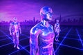 AI generated digital humans with glowing translucent bodies standing in virtual grid world representing artificial intelligence Royalty Free Stock Photo