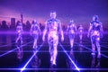 AI generated digital humans walking across virtual grid city representing metaverse society future technology virtual identity and Royalty Free Stock Photo