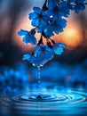 AI generated, digital illustration, branch of blue flowers over water, drops falling on water surface. Royalty Free Stock Photo