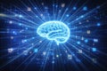 AI generated digital illustration of glowing human brain radiating data streams and digital connections representing intelligence Royalty Free Stock Photo