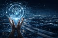 AI generated digital illustration of human hands holding intelligent system sphere with brain interface data icons and connected Royalty Free Stock Photo