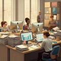 AI-Generated Digital Illustration of Office with People Working at Computers Amidst Stacks of Paper