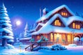 AI Generated Digital Illustration of a picturesque Christmas Village Covered With Snow and Christmas Decorations