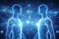 AI generated digital illustration of two virtual human figures connected by glowing data networks representing digital Royalty Free Stock Photo