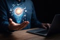 AI generated digital innovation concept with glowing lightbulb idea hovering above hand representing creative thinking technology Royalty Free Stock Photo