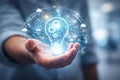 AI generated digital innovation idea with human hand holding glowing lightbulb surrounded by technology icons networks and data Royalty Free Stock Photo