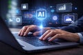 AI generated digital AI interface over laptop keyboard with analytics security automation and content icons for smart workplace Royalty Free Stock Photo