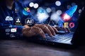 AI generated digital marketing workspace with hands typing on laptop and holographic ai icons analytics dashboards and aeo Royalty Free Stock Photo