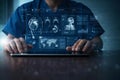 AI generated digital medical dashboard showing healthcare professional using tablet with clinical data visualization patient Royalty Free Stock Photo