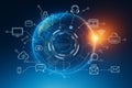 AI generated digital network interface blending Earth with futuristic data elements showing global communication connectivity and Royalty Free Stock Photo