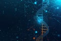 Digital rendering of DNA helix in neon orange and blue with a high tech network background in abstract science