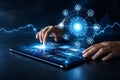 AI generated digital technology with human hands using a futuristic tablet and holographic AI core interface showing analytics Royalty Free Stock Photo