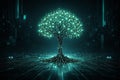AI generated digital technology tree with glowing green blue data nodes and circuit roots on dark futuristic background Royalty Free Stock Photo