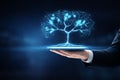 AI generated digital tree glowing above a business hand symbolizing innovation data growth artificial intelligence sustainability Royalty Free Stock Photo