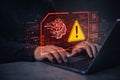 AI generated digital workspace with hands typing on laptop showing red ai warning interface and alert icons representing risk Royalty Free Stock Photo