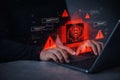 AI generated digital workspace showing hands typing on a laptop with red AI warning interface alert icons and security Royalty Free Stock Photo