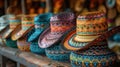 Diverse collection of Mexican sombreros displayed in a local shop.