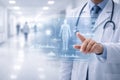 AI generated doctor interacting with digital medical interface in modern hospital environment showing patient data analytics Royalty Free Stock Photo