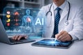 AI generated doctor using AI powered interface to analyze patient anatomy and clinical data with holographic dashboards supporting Royalty Free Stock Photo