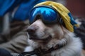 An AI-generated dog wrapped in a blue-yellow flag of Ukraine in a military helmet and sunglasses