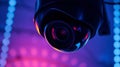 AI-Generated Dome security camera with vibrant pink and blue neon lighting, close-up view Royalty Free Stock Photo