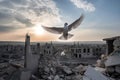 AI-generated dove of peace with spread wings over the ruins of the city