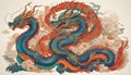 a dragon with two heads and two tails with clouds and chinese new year ornament on the sky