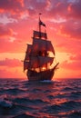 Dark Pirate Ship Sailing Through Red Sunset With Powerful Ocean Waves Royalty Free Stock Photo