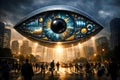 Dramatic Surveillance Eye Illuminating Urban Crowd In Data Controlled Society Royalty Free Stock Photo