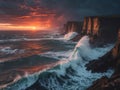Dramatic cliffs soaring above a tumultuous sea during a stormy sunset Royalty Free Stock Photo