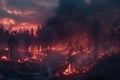 Dramatic forest fire scene with intense flames and smoke under a dark sky Royalty Free Stock Photo