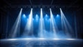 AI-Generated Dramatic Stage Scene with Blue Spotlights and Atmospheric Fog Royalty Free Stock Photo