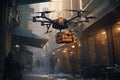 AI generated drone with boxes flying high above the bustling city