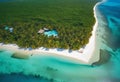 AI generated drone view of the blue, turquoise sea with white sand beaches and an island covered by green forests